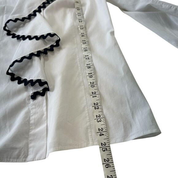 Prada Crisp White Poplin Tailored Ruffle Blue Navy Trim Shirt, 42/6 - Picture 9 of 11